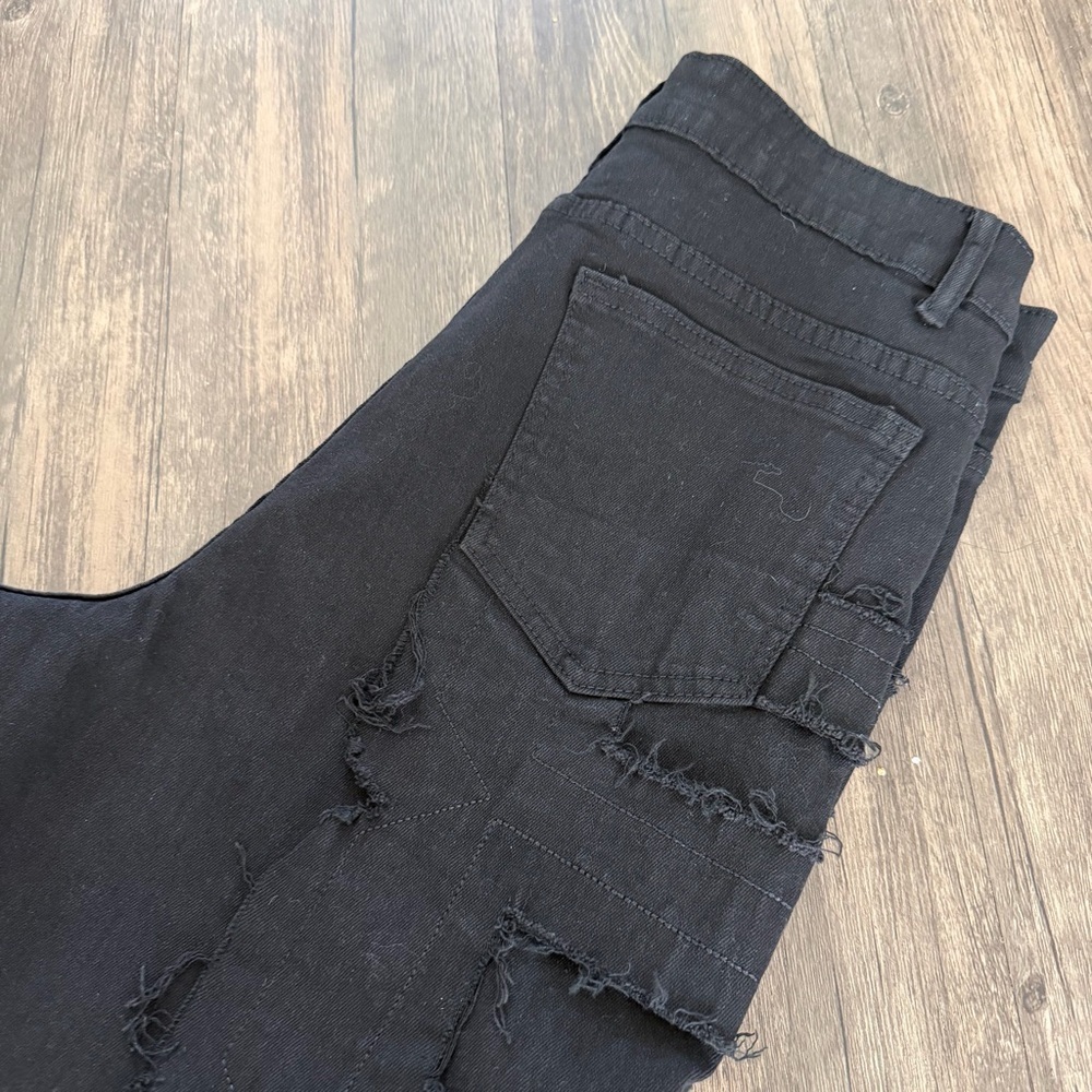 Women’s Black Denim Stacked Jeans Black Distressed Straight Leg Mid Rise Y2K M - Picture 5 of 17